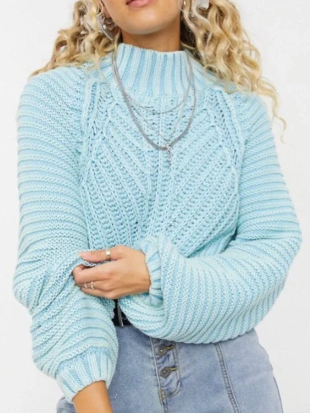 Free People Sweetheart Sweater Aqua Blue Chunky Cotton Knit Large Cozy Textured - Picture 3 of 7